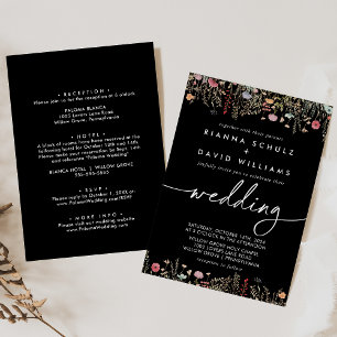 Black Galant Wildblume Front & Back Wedding Einladung
