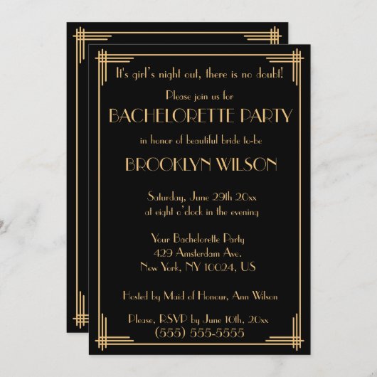 Black Gatsby Art Deco Junggeselinnen-Abschied Einladung (Vorne/Hinten)