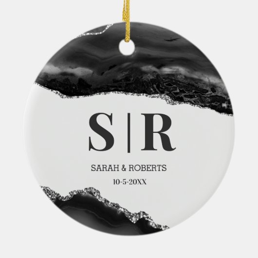 Black Geode Agate Paare Mit Monogramm Weihnachten Keramik Ornament (Hinten)