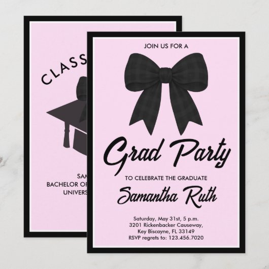 Black Gingham Bow Graduation Party Einladung (Vorne/Hinten)