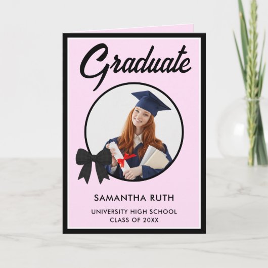 Black Gingham Bow Photo Graduation Karte (Vorderseite)