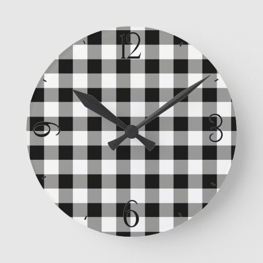 Black Gingham Clock Runde Wanduhr (Vorderseite)
