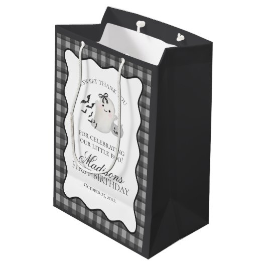 Black Gingham Cute Ghost Birthday Party Favors Mittlere Geschenktüte (Rückseite Schrägansicht)