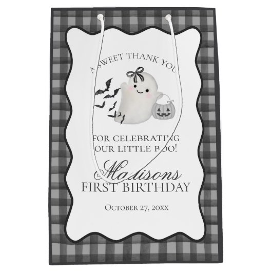 Black Gingham Cute Ghost Birthday Party Favors Mittlere Geschenktüte (Vorderseite)
