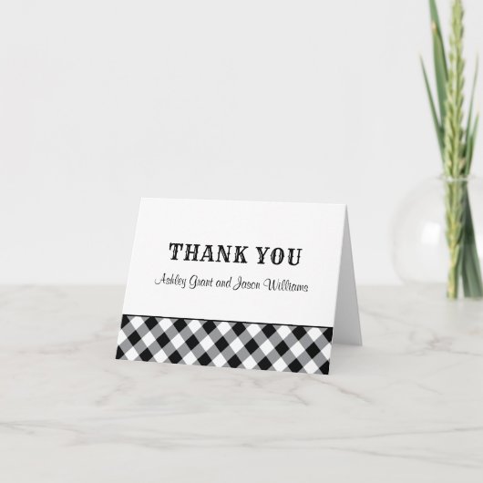 Black Gingham Kariert Wedding Monogram Dankeskarte (Vorderseite)