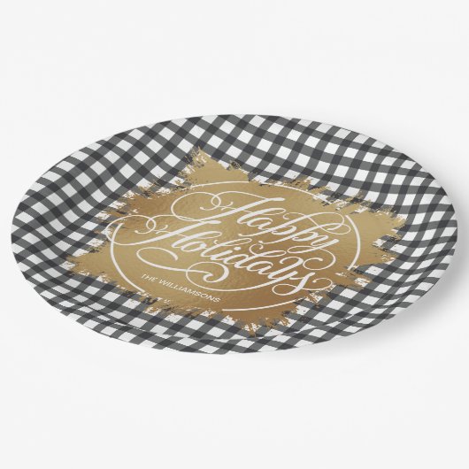 Black Gingham Karo Gold Imitate Pappteller (Schrägansicht)