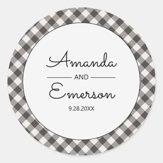 Black Gingham Karo Lässige Custom Wedding Gefallen Runder Aufkleber (Vorderseite)