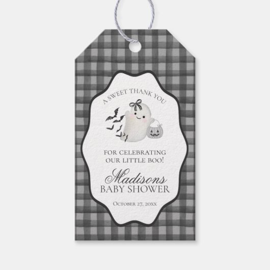 Black Gingham Little Boo Ghost Baby Shower Favors Geschenkanhänger (Vorderseite)