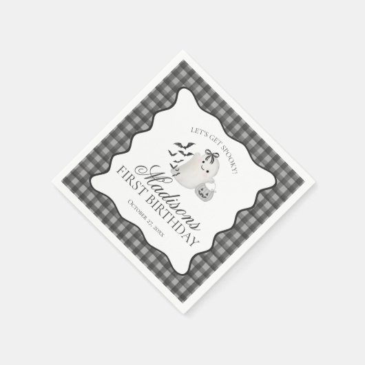 Black Gingham Little Boo Ghost Birthday Dessert Serviette (Ecke)