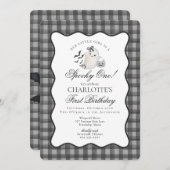 Black Gingham Preppy Ghost Spooky 1. Geburtstag Einladung (Vorne/Hinten)