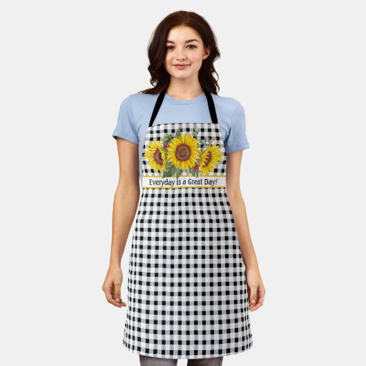 Black Gingham Schürze mit Sonnenblumen Anpassbar (Getragen)