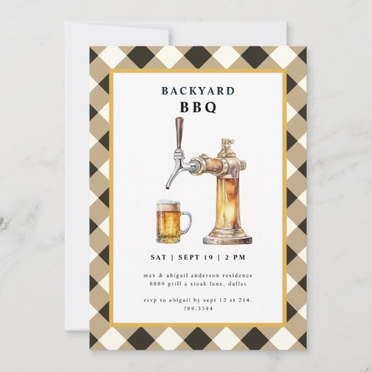 Black Gingham Stich & Beer Keg Backyard GRILLEN Pa Einladung (Vorderseite)