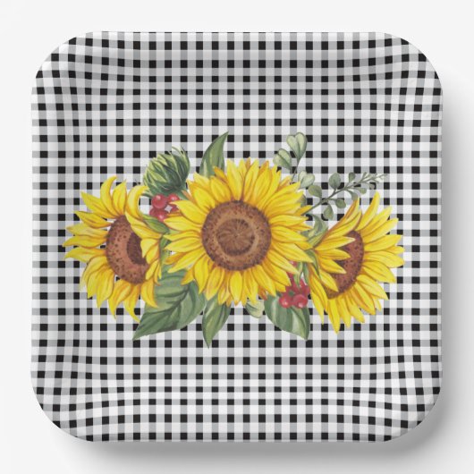 Black Gingham Sunflower Gastgeschenk Classic Pappteller (Vorderseite)