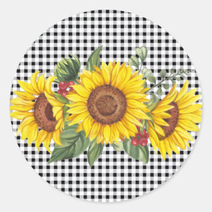 Black Gingham Sunflower Gastgeschenk Runder Aufkleber