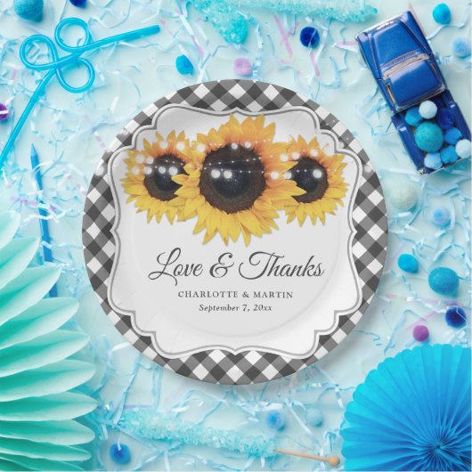 Black Gingham Sunflower Liebe und Dank Hochzeit Pappteller (Party)