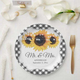 Black Gingham Sunflower Mr und Mrs. Wedding Pappteller