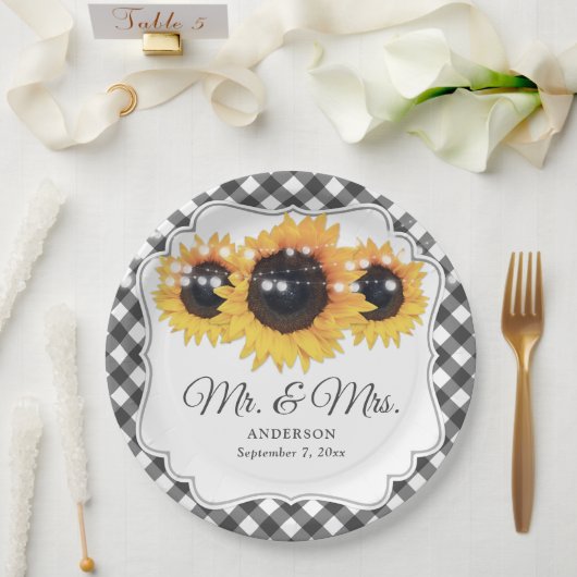 Black Gingham Sunflower Mr und Mrs. Wedding Pappteller (Hochzeit)