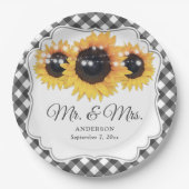 Black Gingham Sunflower Mr und Mrs. Wedding Pappteller (Vorderseite)