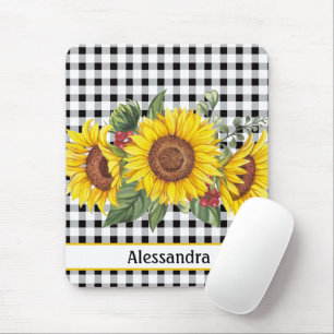 Black Gingham Sunflower Personalisiert  Mousepad