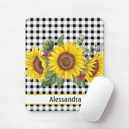Black Gingham Sunflower Personalisiert Mousepad (Mit Mouse)