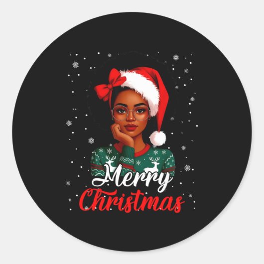Black Girl Afro Santa Hat Merry Christmas African  Runder Aufkleber (Vorderseite)
