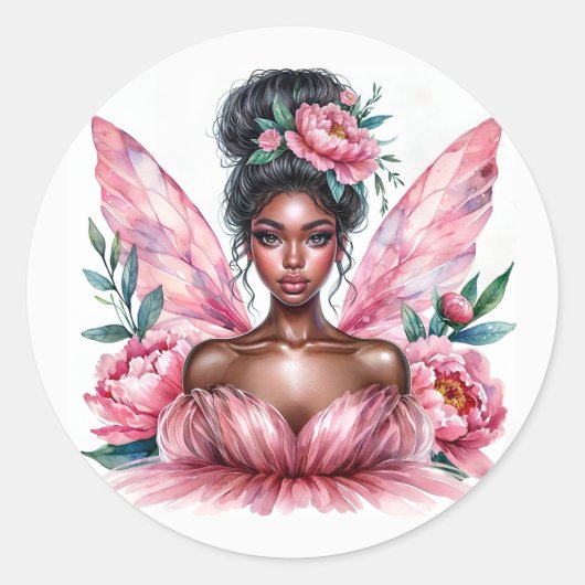 Black Girl Fairy Pink Peonies Wasserfarbe Runder Aufkleber (Vorderseite)