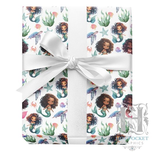 Black Girl Mermaid Birthday Gift Wrap in White Geschenkpapier