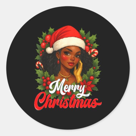 Black Girl Santa Hat Merry Christmas Pajama Africa Runder Aufkleber (Vorderseite)