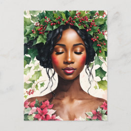 Black Girl Weihnachtskunst mit Holly & Poinsettia Postkarte