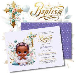 Black Girl's BAPTISM Lila Gold Floral Cross Einladung
