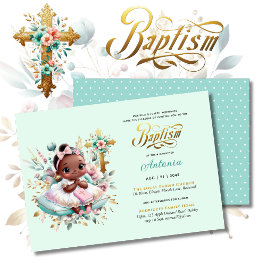 Black Girl's BAPTISM Rosa Gold Floral Cross Einladung