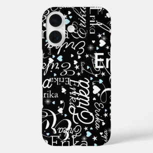 Black Girly Calligraphy Typografy Name Pattern iPhone 16 Hülle