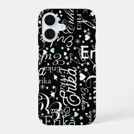 Black Girly Calligraphy Typografy Name Pattern iPhone 16 Hülle (Rückseite)
