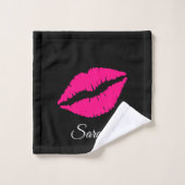 Black Girly Pink Lipstick Monogramm Name Badezimme Badhandtuch Set (Waschlappen)
