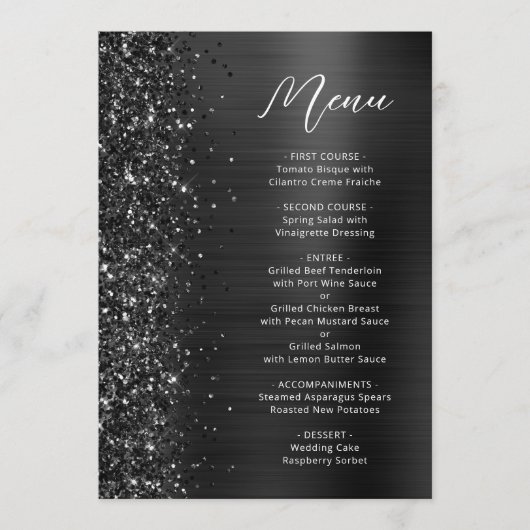 Black Glam Glitter Script Wedding Menükarte (Vorderseite)