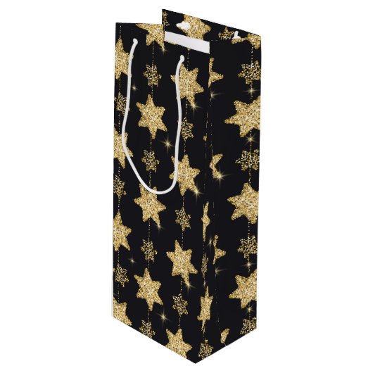 Black Glam Glitzer Stars Pattern Geschenktüte Für Weinflaschen (Vorderseite Schrägansicht)