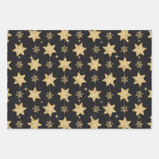 Black Glam Glitzer Trio Geschenkpapier Set (Vorderseite)