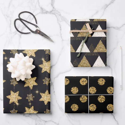 Black Glam Glitzer Trio Geschenkpapier Set (Vorderseite)