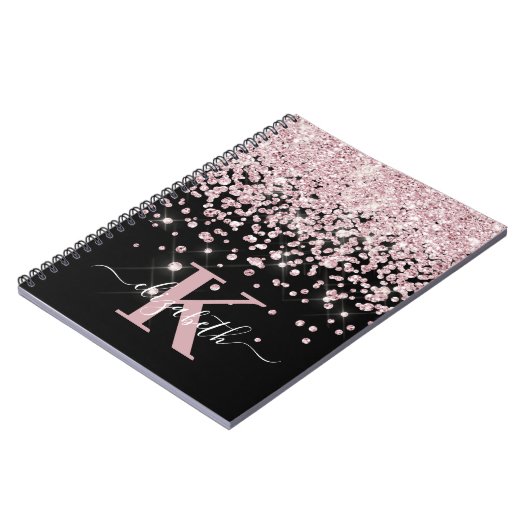 Black Glam Rose Gold Glitzer Diamond Monogram Notizblock (Linke Seite)