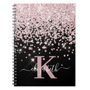 Black Glam Rose Gold Glitzer Diamond Monogram Notizblock