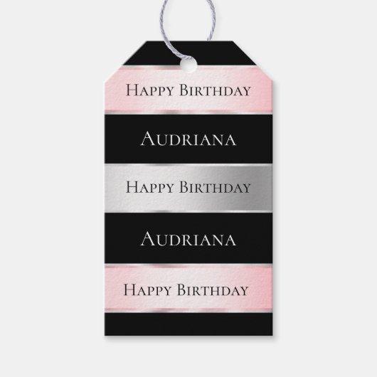 Black Glam Silver Blush Pink Ribbon Geburtstag Geschenkanhänger (Vorderseite)