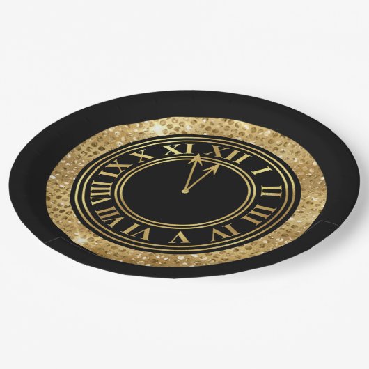 Black Glamour Gold Diamonds Neujahr Uhr Pappteller (Schrägansicht)