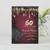 Black Glitter Drips Black Dress Dark Red 60th Einladung (Stehend Vorderseite)