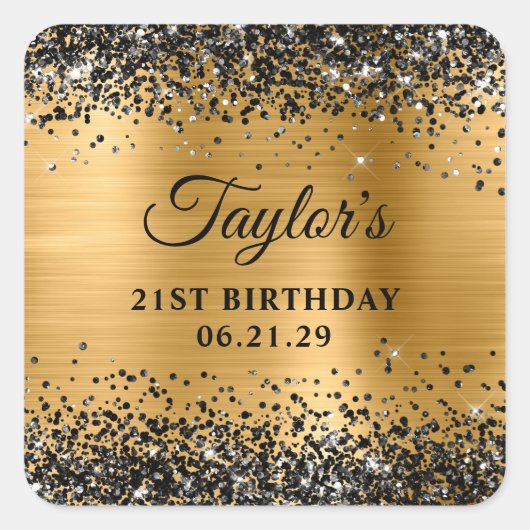 Black Glitter Gold Foil 21st Birthday Quadratischer Aufkleber (Vorderseite)