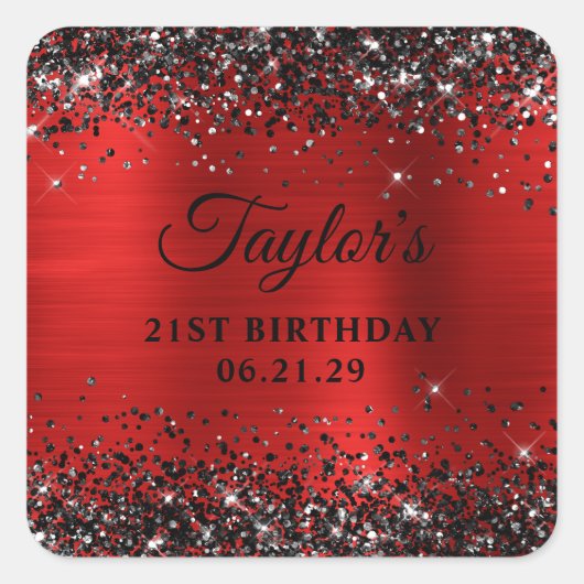 Black Glitter Red Foil 21st Birthday Quadratischer Aufkleber (Vorderseite)