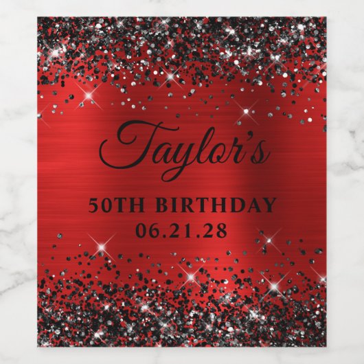 Black Glitter Red Foil 50th Birthday Weinetikett (Einzelnes Label)