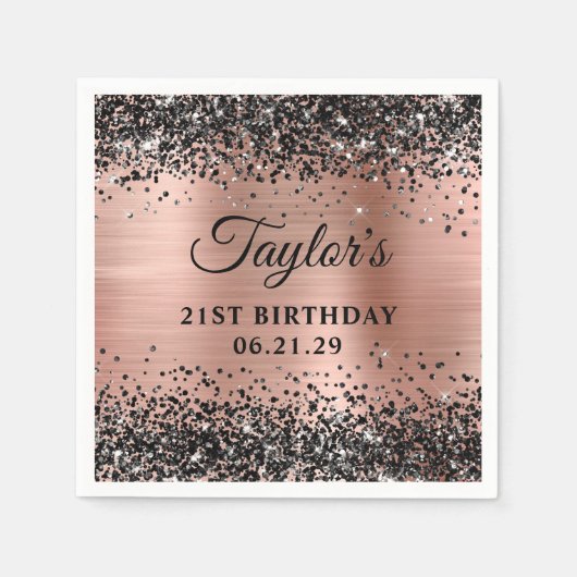 Black Glitter Rose Gold Foil 21st Birthday Serviette (Vorderseite)