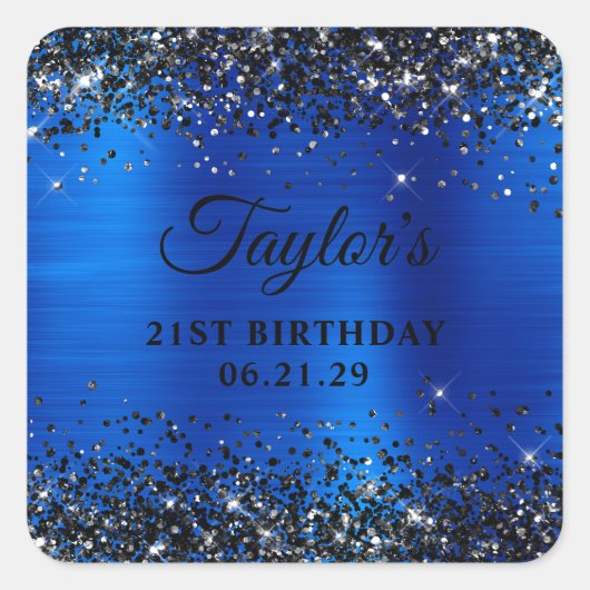 Black Glitter Royal Blue Foil 21st Birthday Quadratischer Aufkleber (Vorderseite)