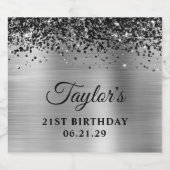 Black Glitter Top Border Silver Foil 21st Birthday Schaumweinetikett (Einzelnes Label)