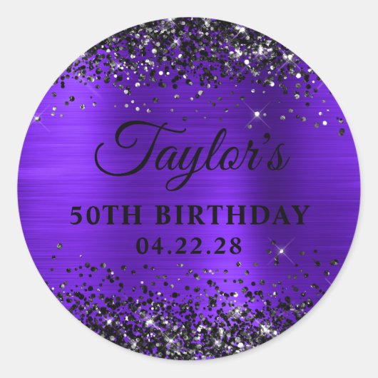 Black Glitter Violet Foil 50th Birthday Runder Aufkleber (Vorderseite)